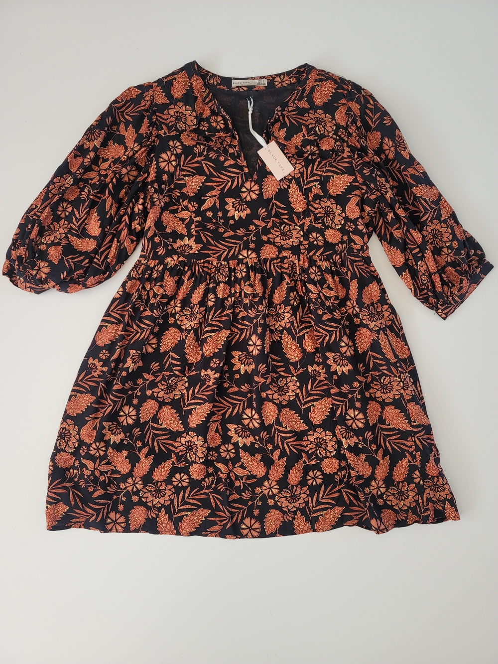 Black Tape Floral Babydoll Mini Dress Brown Black 3/4 Puff Sleeves S NWT Fall